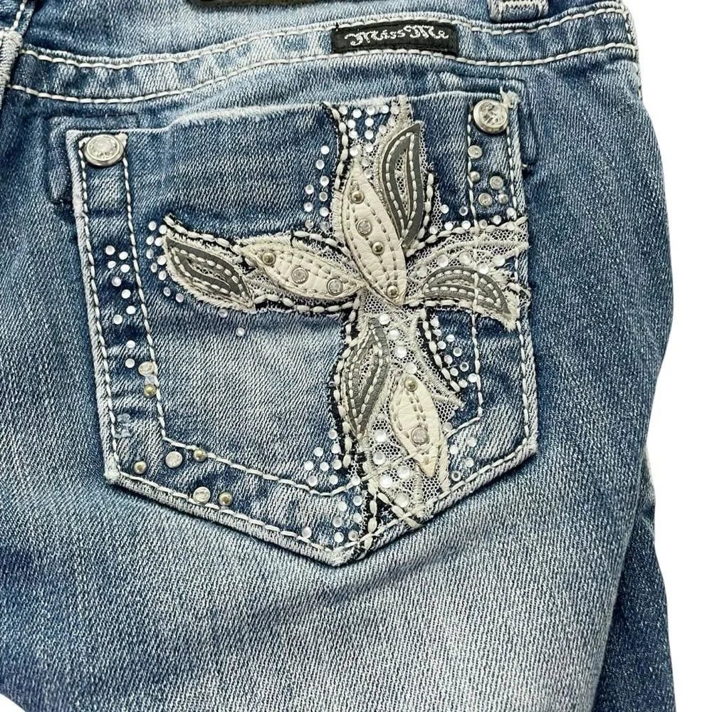 Miss Me Bermuda Shorts Size 26 Embellished Cross Pockets Stretch Denim JE5837M